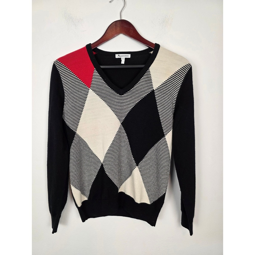 Aquascutum Women's V Neck Argyle Sweater Black Cream Red‎ Size M